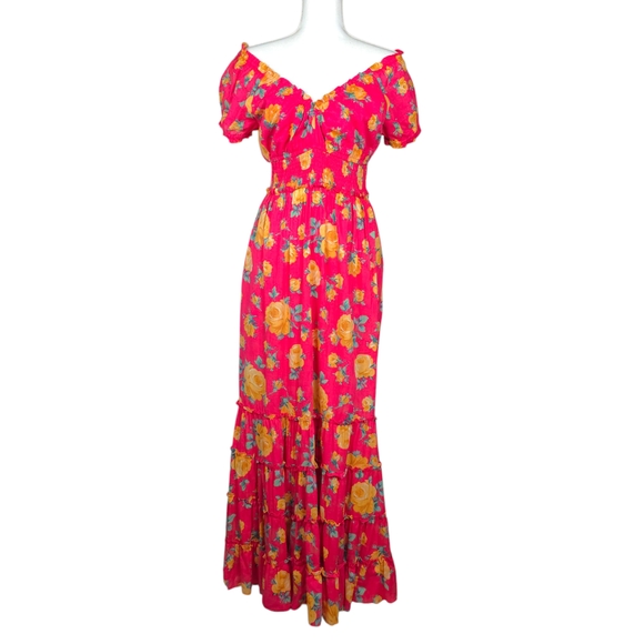 NEW Betsey Johnson Reddish Pink Color with Yellow Rose Print Maxi Dress size L - Picture 8 of 14